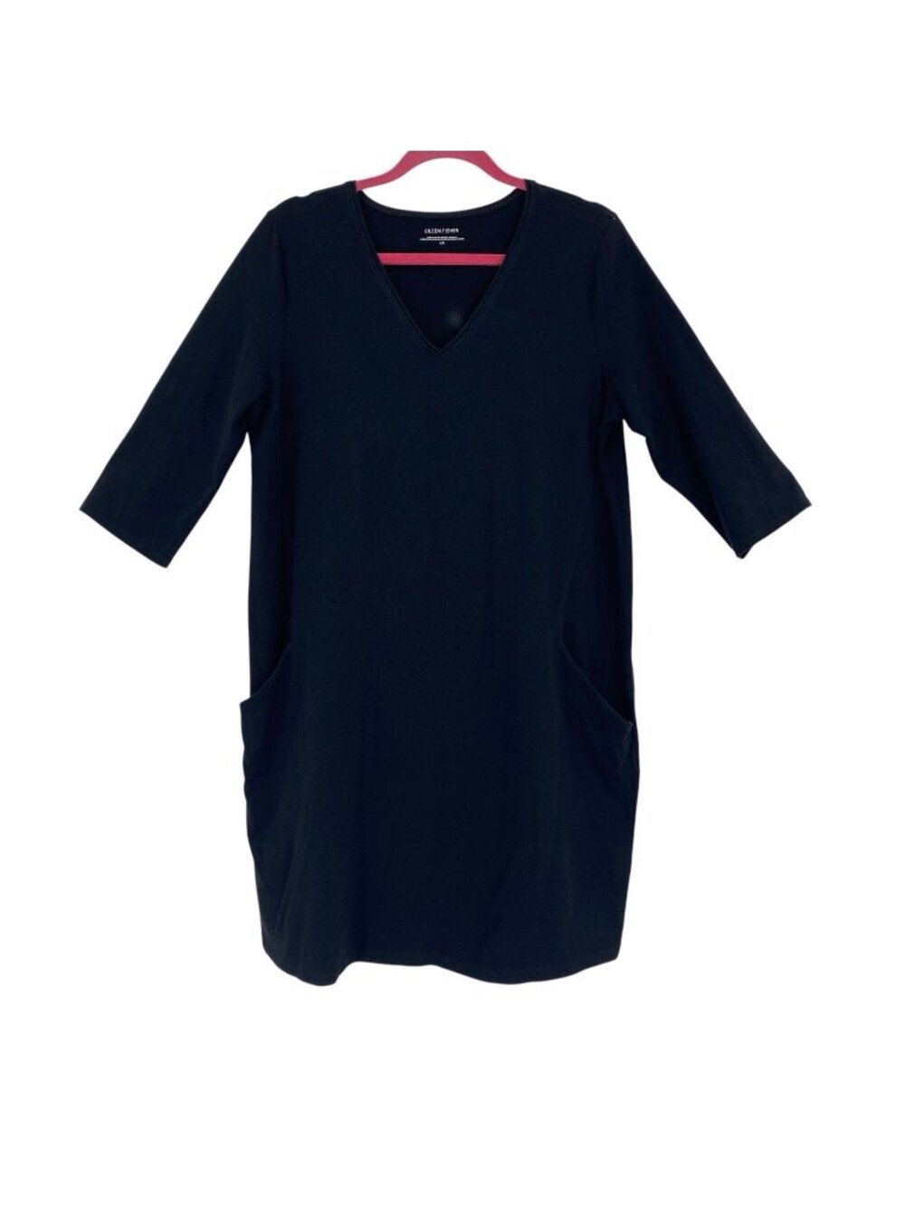 Eileen Fisher Sz Large Black 3/4 Sleeve Pocket Tunic Minimalist Classic Organic